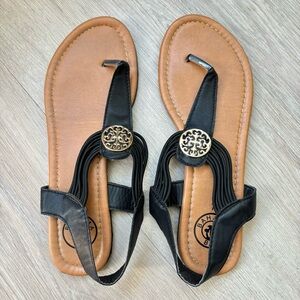 Black and Tan Sandals w/ Decorative Gold Accent